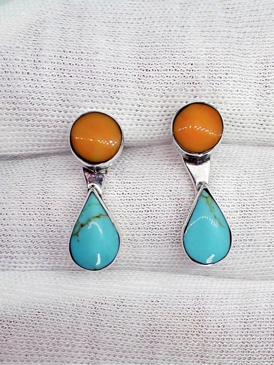 Jewelry - Native American Sterling Silver Teardrop Turquoise & Orange Coral Drop Earrings